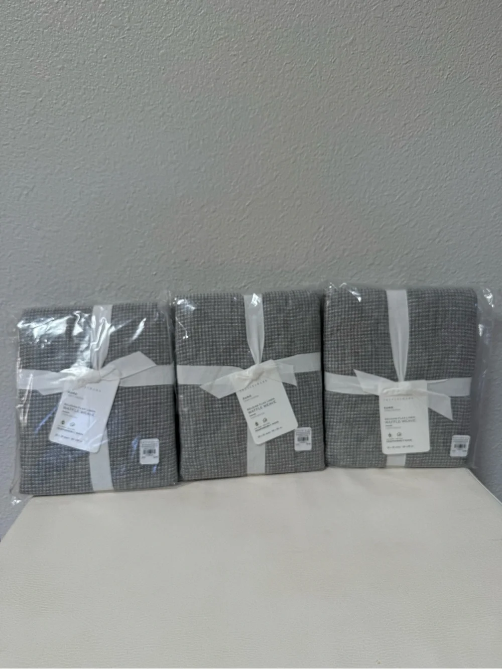 NWT SET OF 3 Pottery Barn Belgian Flax Linen Waffle Weave Euro Shams Light Gray